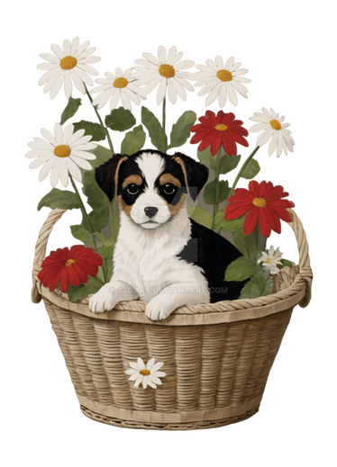 Cute Baby Dog In A Basket With Flowers (1)