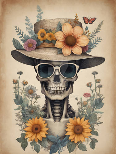 Vintage floral skeleton with hat and sunglasses (6