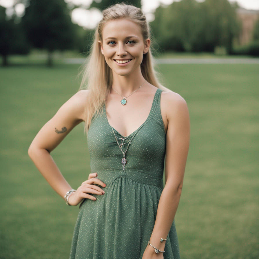 Woman Aged 19 Wearing A Green Sun Dress, Ponytail