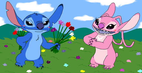 Stitch gives flowers to Angel