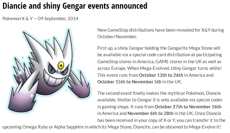 Pokemon X & Y: get Shiny Gengar and Diancie at GameStop, GAME UK