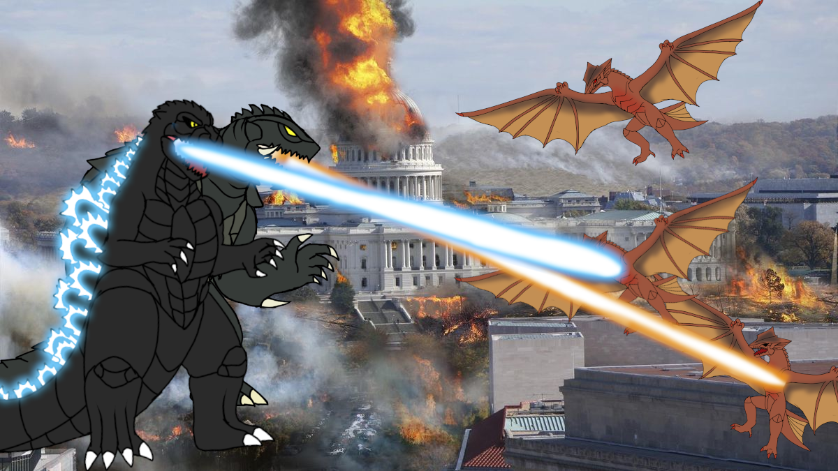Godzilla and Gamera vs Gyaos Swarm.