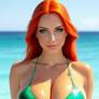 Busty redhead, green bikini