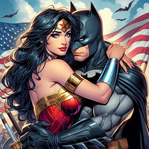 Wonder Woman hugging Batman