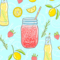 Mason jar lemonade illustration, seamless pattern