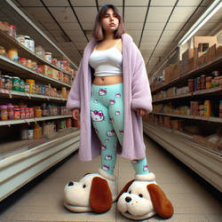 Grocery shopping in giant fluffy puppy slippers