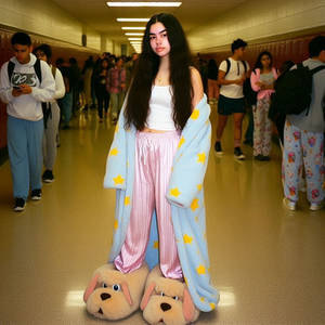 Walking to class in giant fluffy puppy slippers