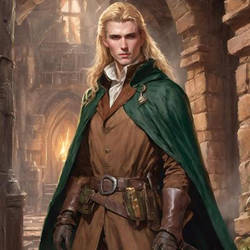 A Blonde adventurer in a Green Cloak