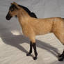 Needle felted buckskin horse, side view.