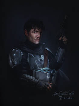 Pedro Pascal as the Mandalorian with the child 