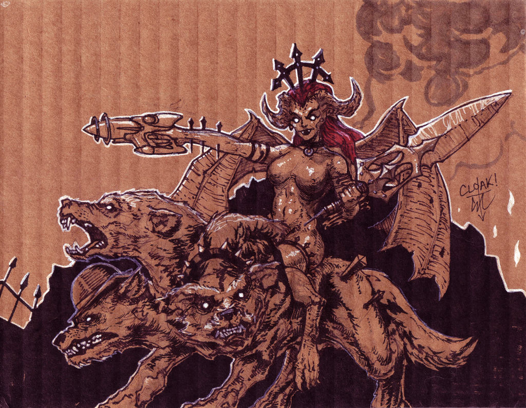 The Succubus and Moe, Larry, Curly the Cerberus by thedarkcloak