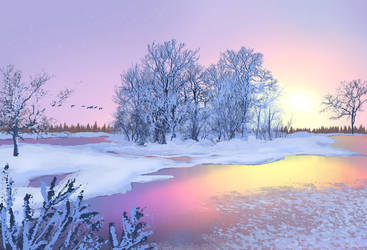 Dawn over a snow-covered lake