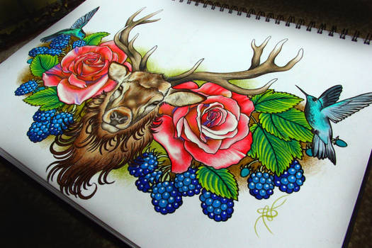 Deer roses and blackberries