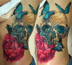 skull and butterflies tattoo WIP