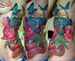 skull, snake and peonies tattoo