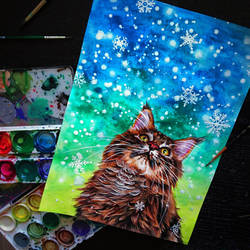 winter cat watercolor