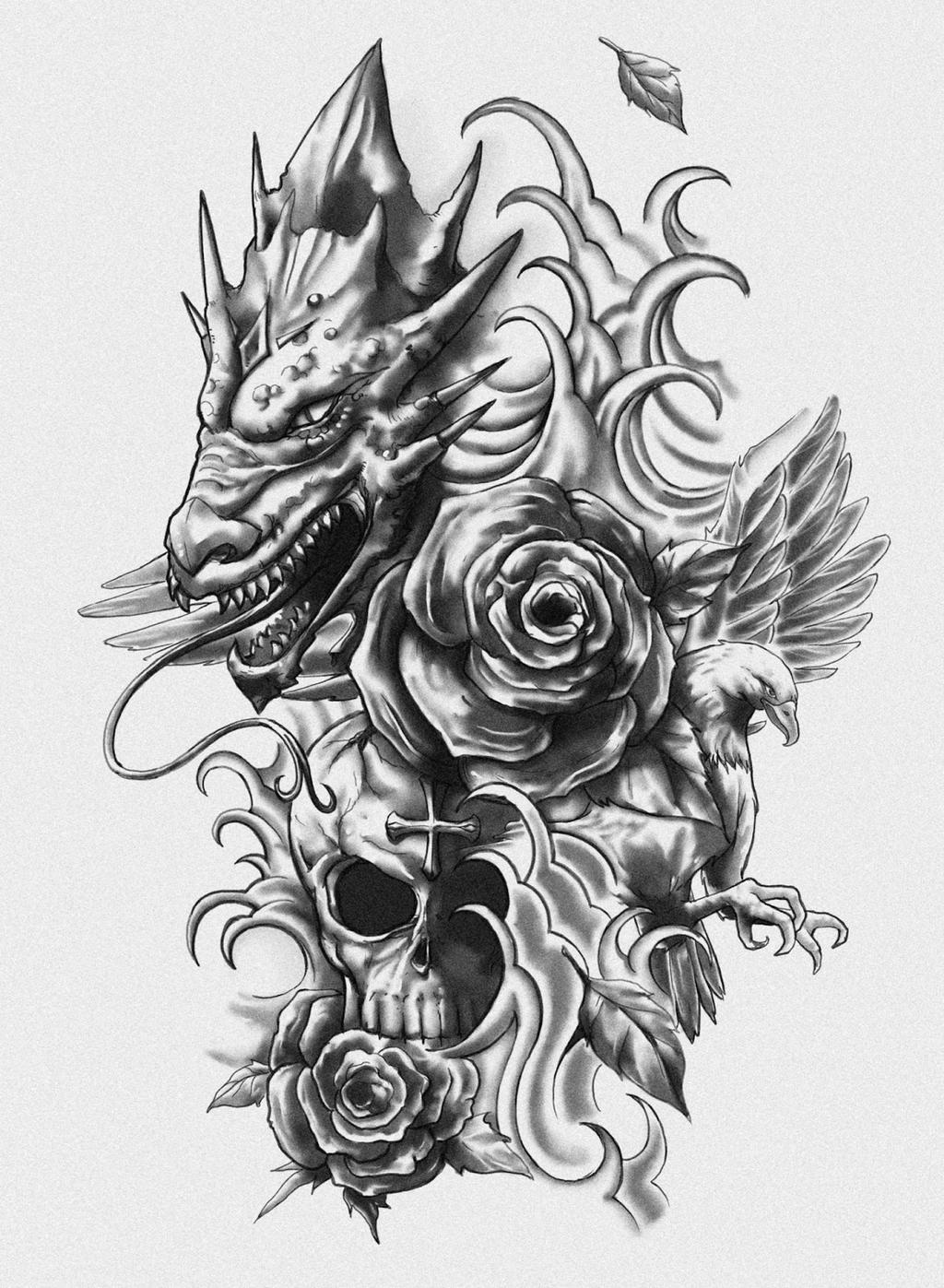 Dragon, Skull, Eagle Tattoo Design