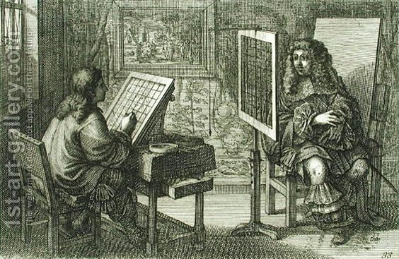 Artist painting a portrait over a grid for accurat