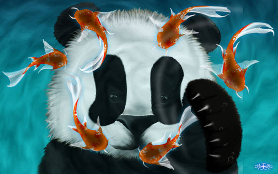 Panda Playing with Koi Wallpaper