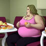 Fat women in pink eating