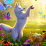 White wolf plays with Butterflies(AI image)