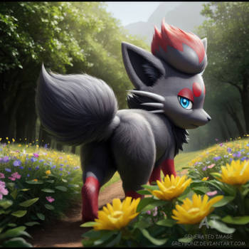 Zorua walking in flower meadow(AI image)