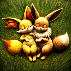 Fennekin and Eevee sleping together(AI image)