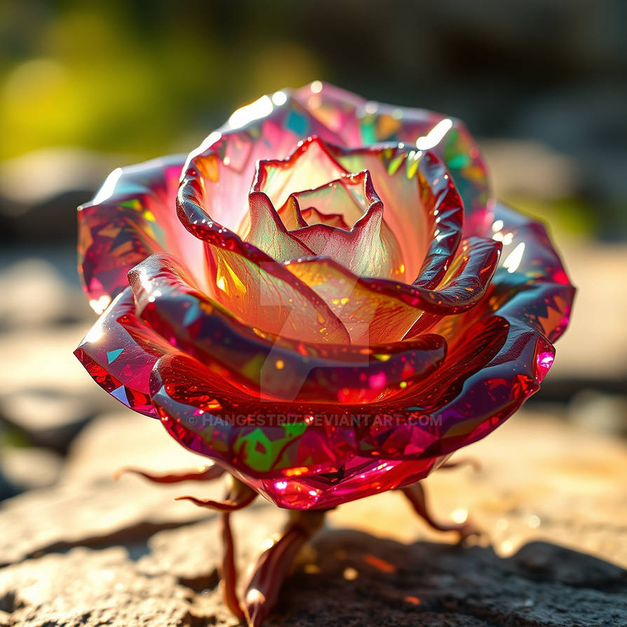 A rose made of topaz looks sparkling in the sunlig