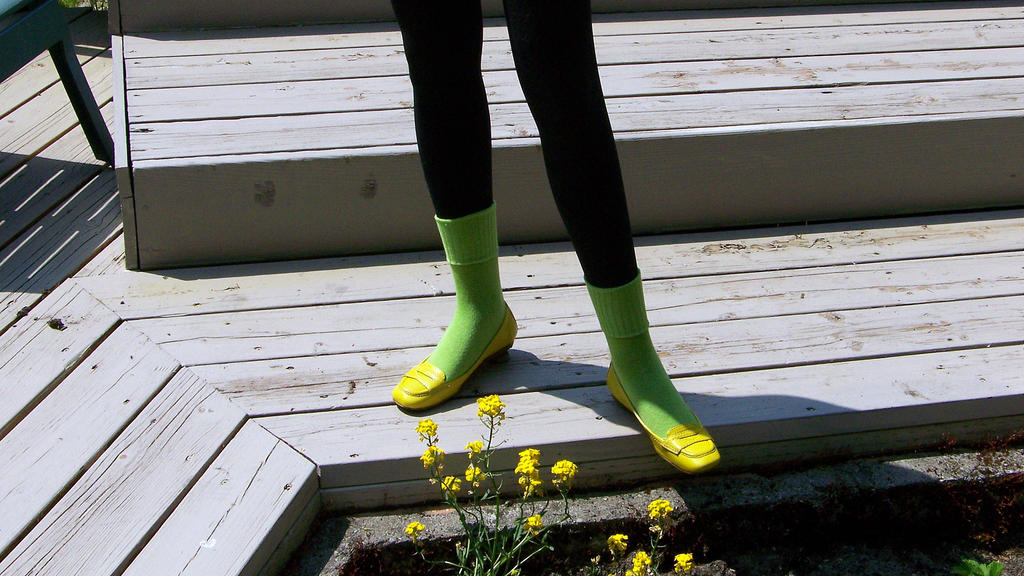 Yellow 9 W Loafers, Chartreuse Socks, Black Tights