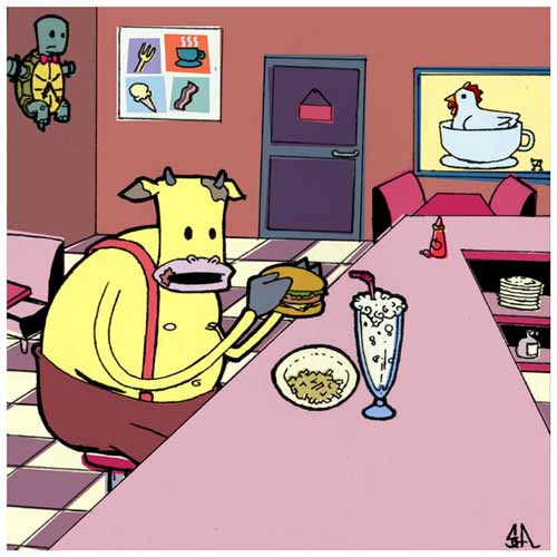 Mr. Bovine eats at a Diner