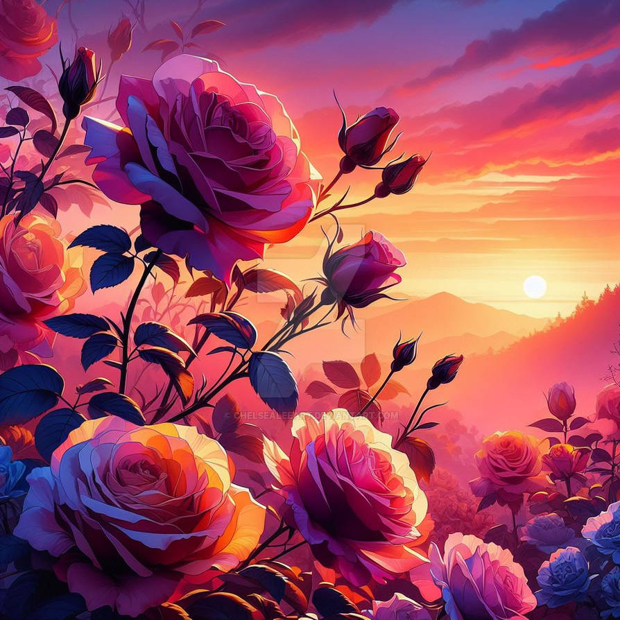 Sunset Pattern Roses roses in the sunset nature 3D digital art by ChelseaLeeART on DeviantArt