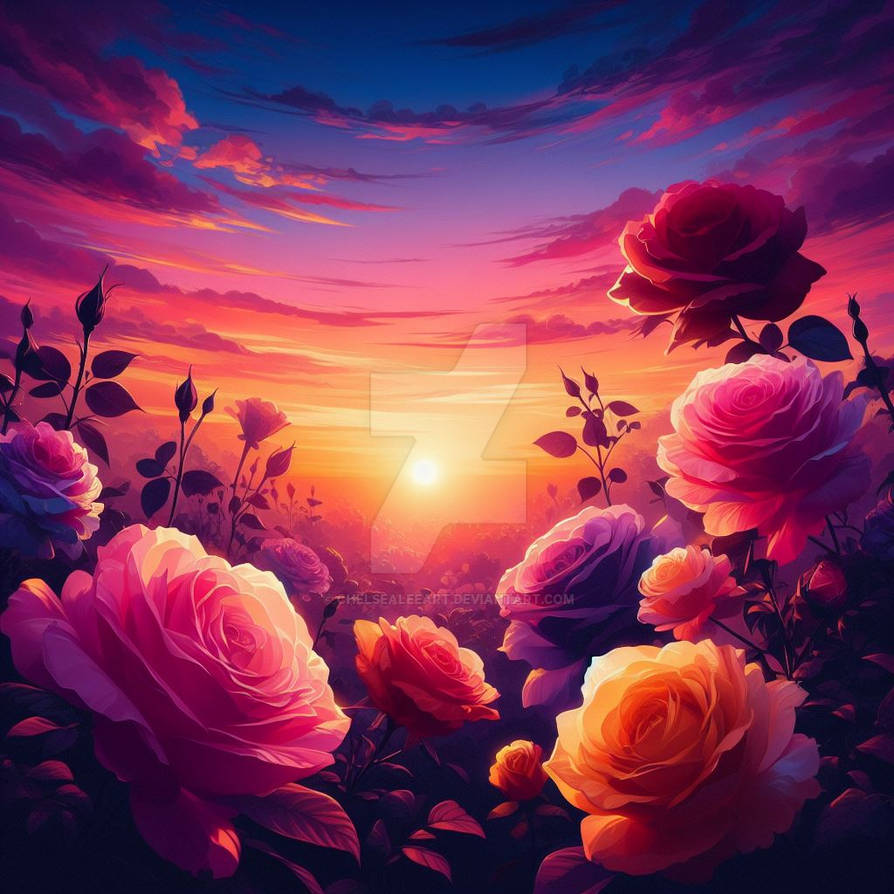 Sunset Pattern Roses roses in the sunset nature 3D digital art by ChelseaLeeART on DeviantArt