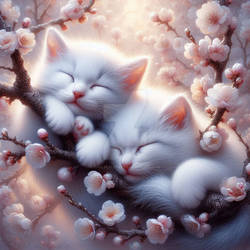 sleeping kittens in cherry blossom tree