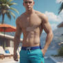 handsome lad hunk on ht ebeach in swimming trunks