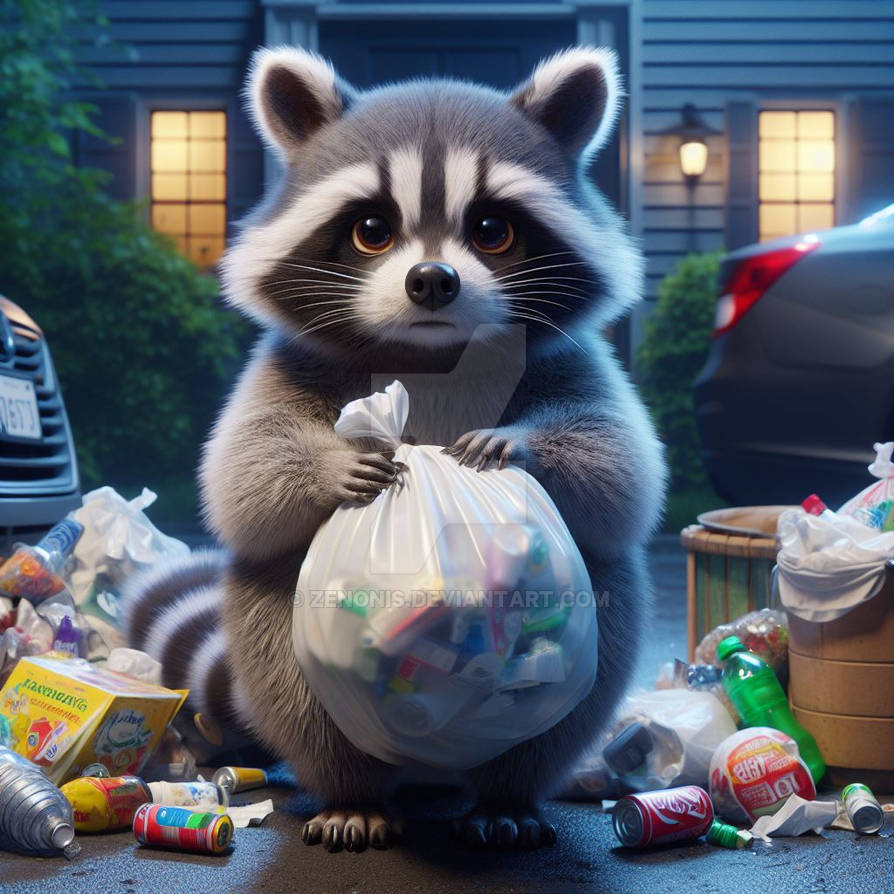 CGI adorable grumpy raccoon covered in trash in dr by zenonis on DeviantArt