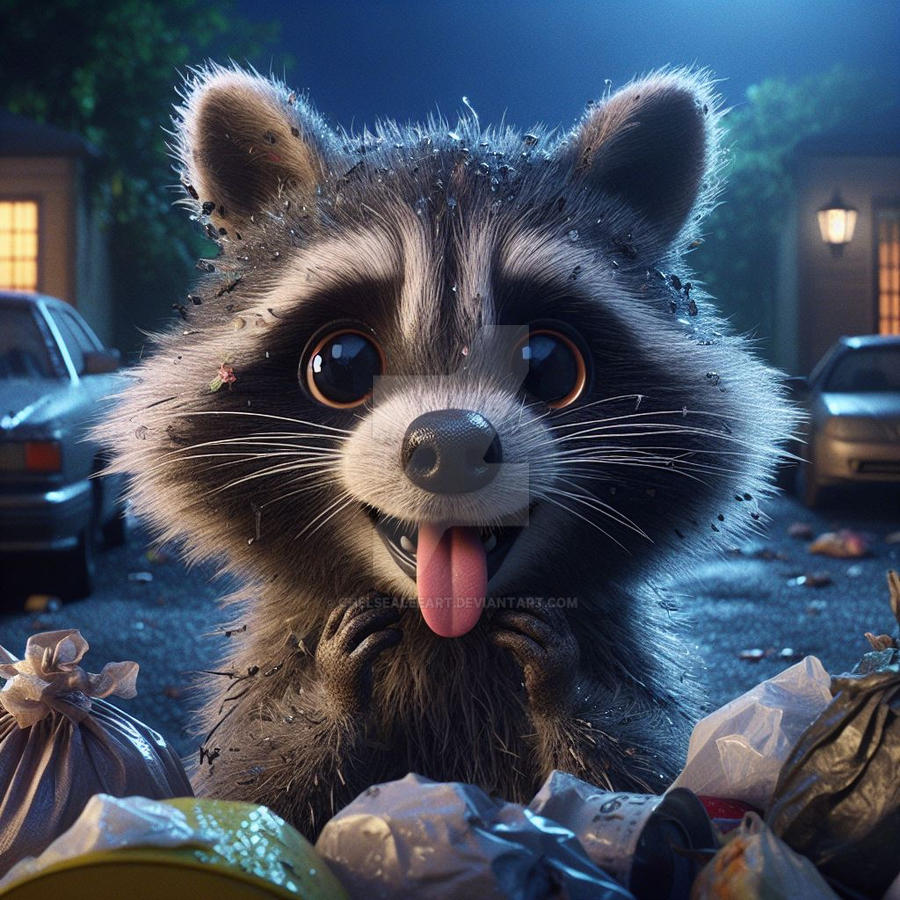 CGI adorable grumpy raccoon covered in trash in dr by ChelseaLeeART on ...