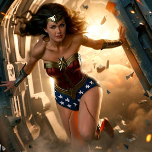 Wonder Woman escaping from an exploding spaceship