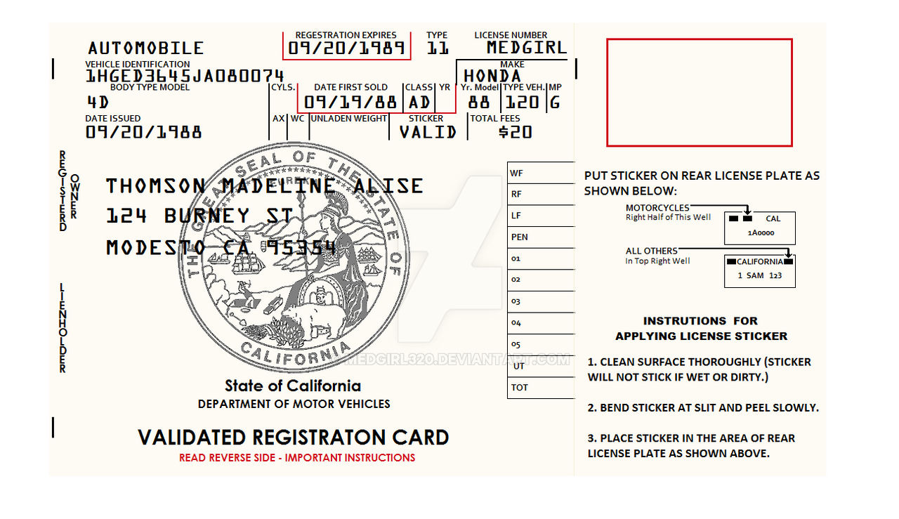 1988 California vehicle registration card template by MedGirl320 on 1988 California vehicle registration card template by MedGirl320 on