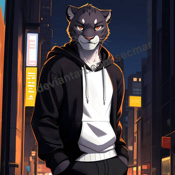 Panther Guy with a Hoodie in the City at Night