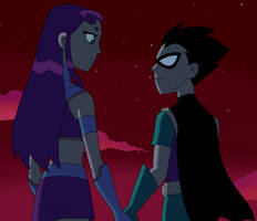 Starfire and Robin SIde holding hands