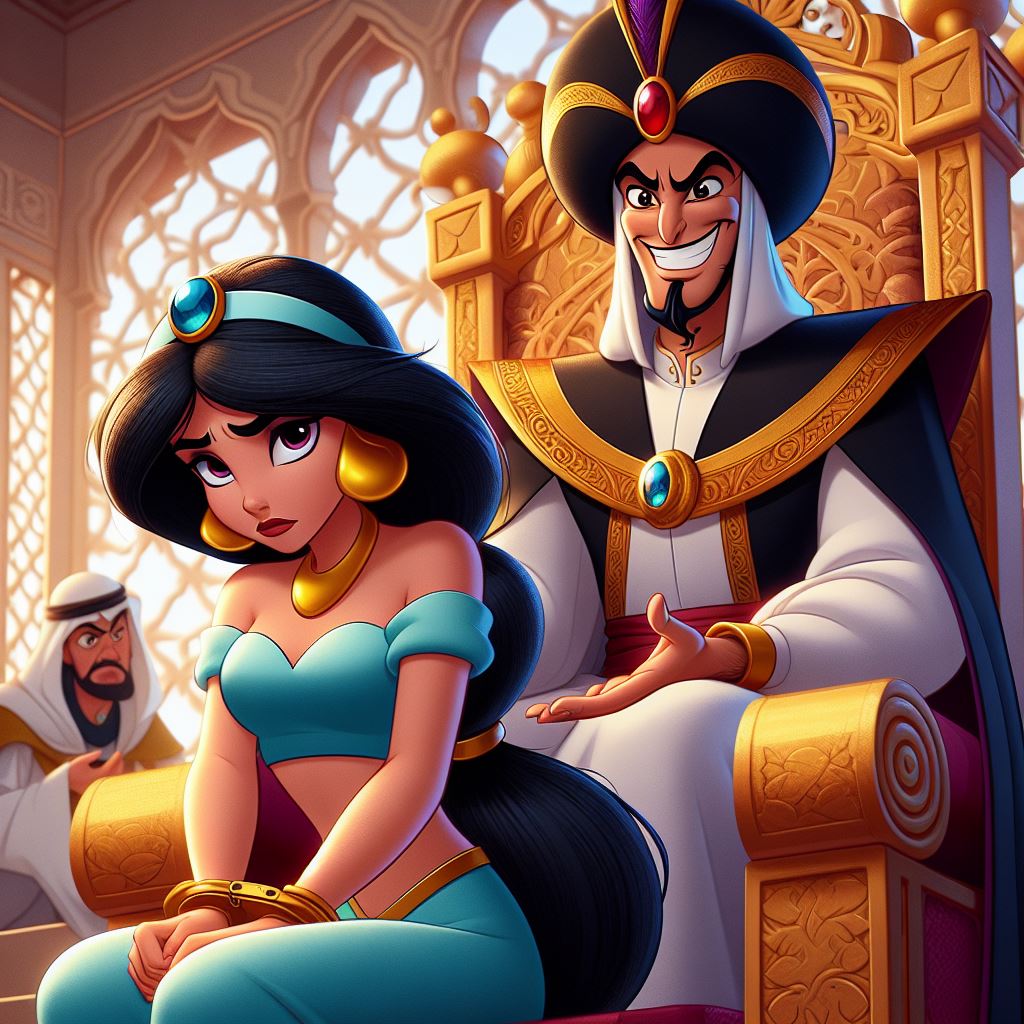 Handcuffed Jasmine Sitting in Front of Jafar by DarkfoxAI on DeviantArt