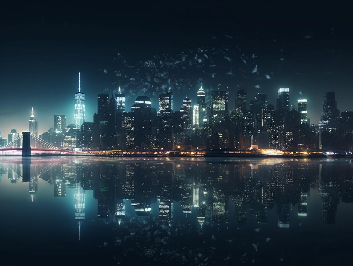 A Realistic City Skyline At Night With Glittering by ...