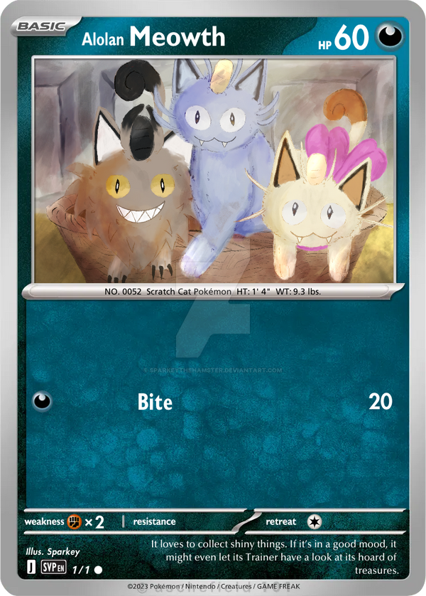 pokemon alolan meowth card SM43 PTCGL Code Cavern Trading Cards, LLC Darkness Fury Swipes (10) Flip 3 coins Alolan Meowth - Pokmon TCG