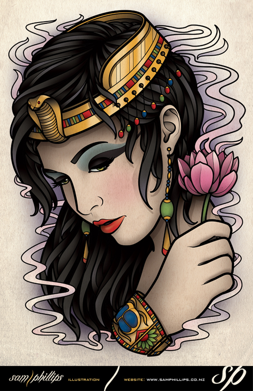 Egyptian Girl Lotus Tattoo Print