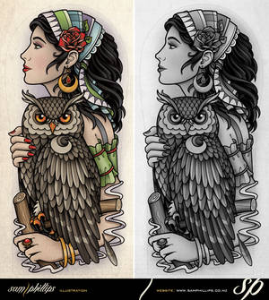 Gypsy Holding Owl Half Sleeve Tattoo