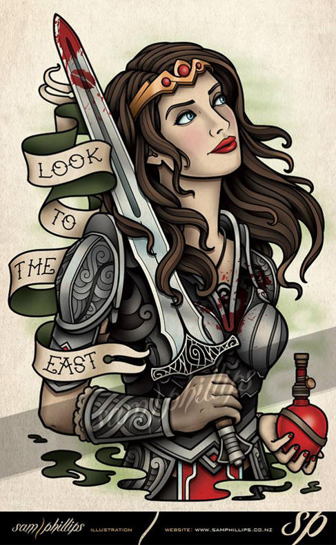 Skyrim Inspired Female Knight Tattoo Design by Sam-Phillips-NZ on