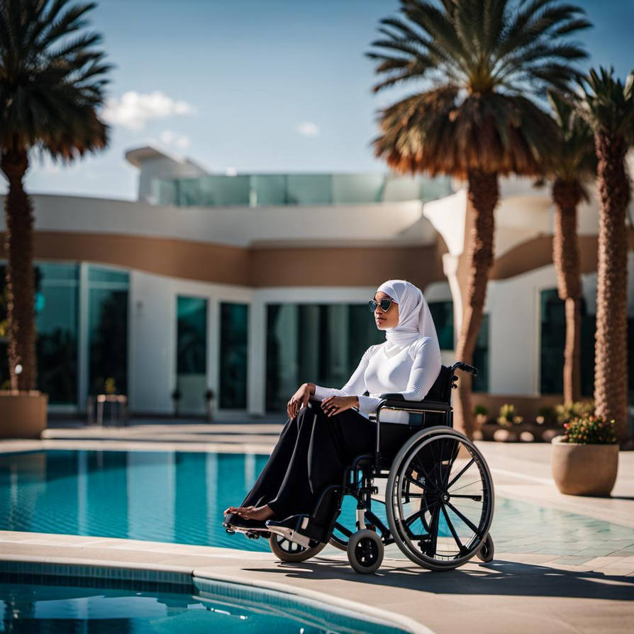 Sexy disabled muslim woman in a burkini sitting in
