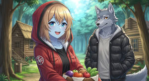 Blue Skinned Red Riding Hood Girl and the Wolf