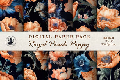 Royal Peach Poppy Flower Digital Paper Pack