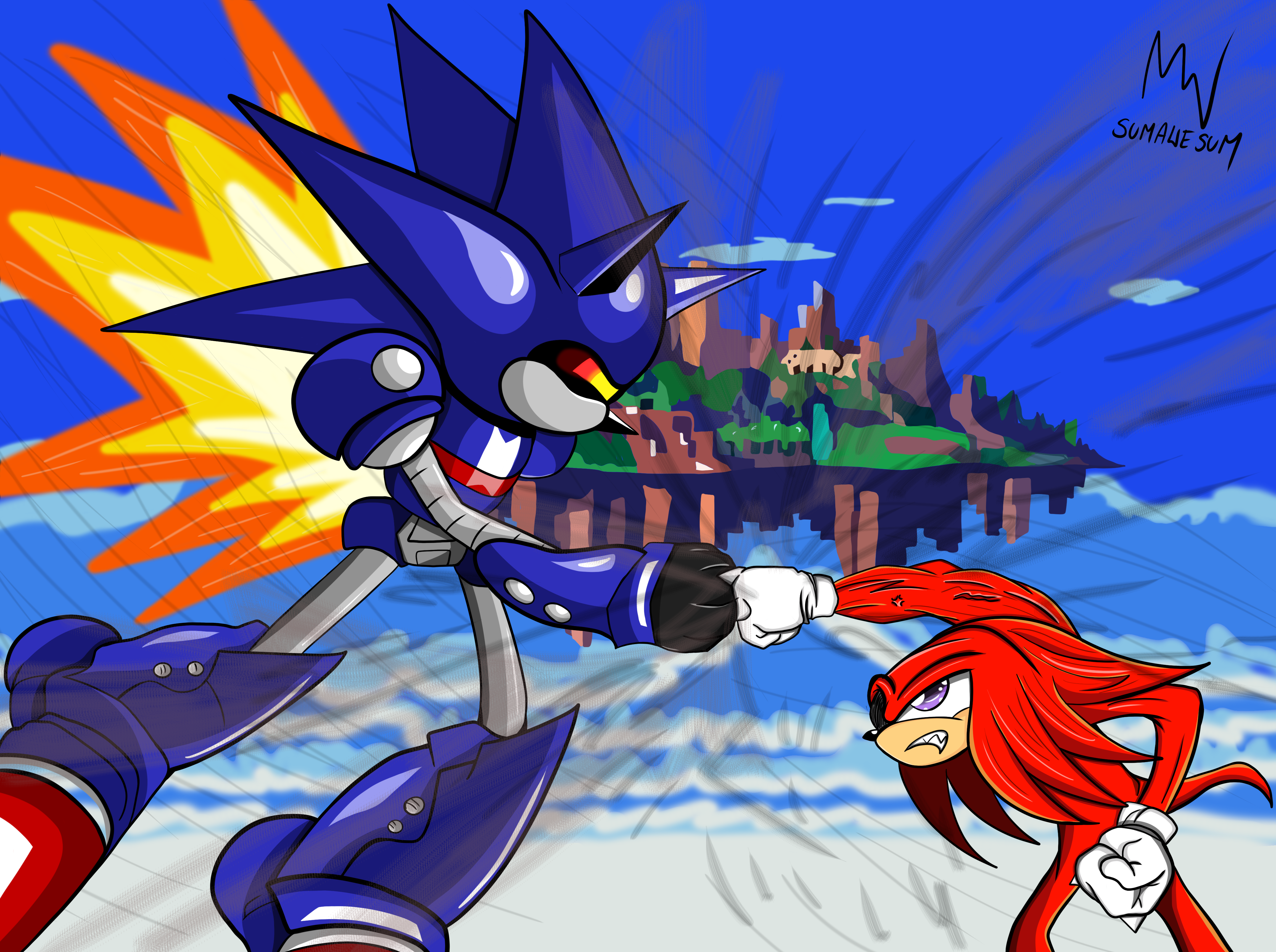 sonic the hedgehog and mecha sonic (sonic and 2 more) drawn by  banel_springer